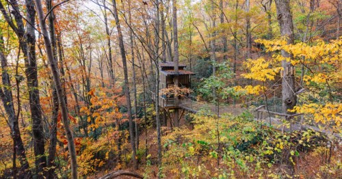 The treehouse rental home in North Carolina is the perfect fall spot