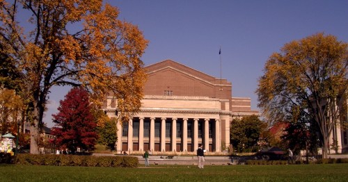 University building with fall foliage