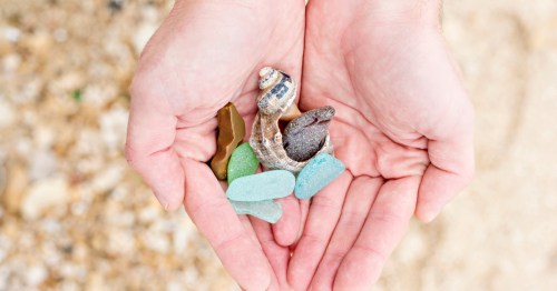 a pair of hands holds seaglass and shells on a beach in rhode island