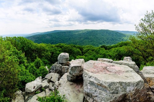 A scenic overlook from a rocky ledge in Catoctin Mountain Park in Maryland, with a dense, green forest and rolling hills in the background.