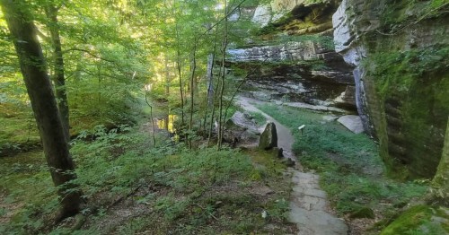 A forest hike in Illinois leads past some large rock formations and into the trees.