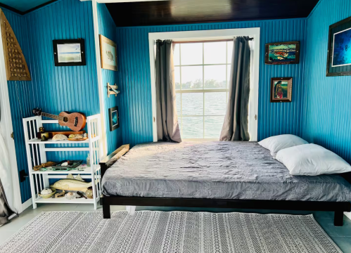 Interior view of the Key West Outpost floating houseboat with water views