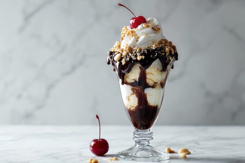 Hot fudge sundae in a fluted glass with a cherry.