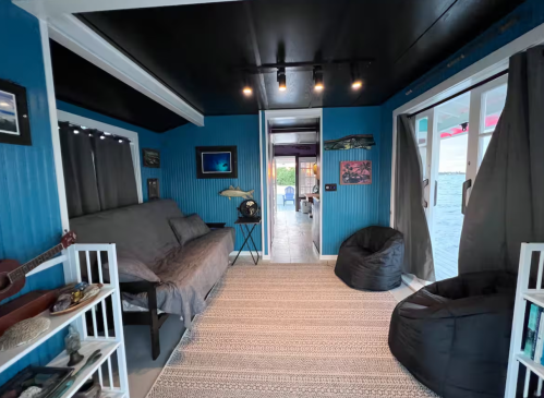 Interior view of the Key West Outpost floating houseboat with water views