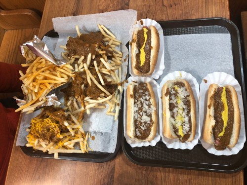 Hot dogs and chili fries from Lipuma's Coney Island in Rochester, MI