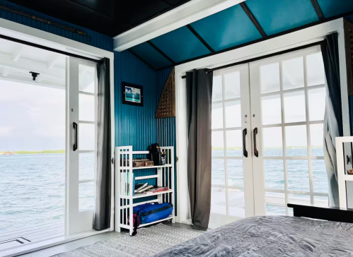 Interior view of the Key West Outpost floating houseboat with water views
