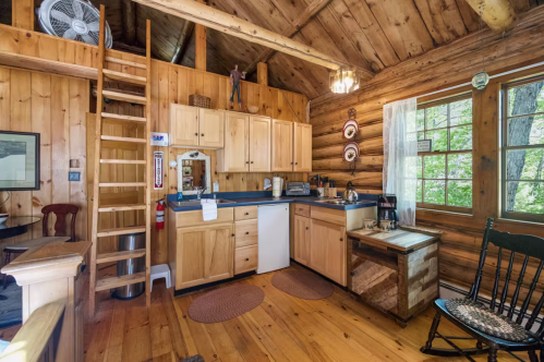 Rustic kitchenette in a log cabin in Maine