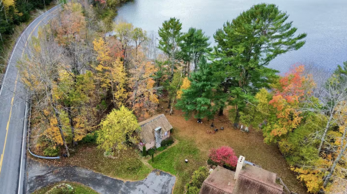 Fall foliage at a log cabin in Bucksport, Maine