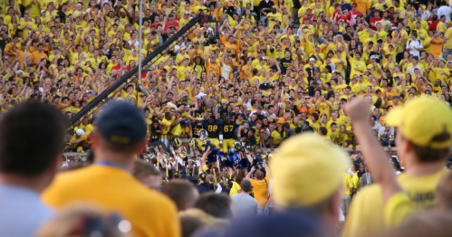 A large crowd of football fans at Michigan Stadium, mostly wearing yellow, cheering with their hands in the air.
