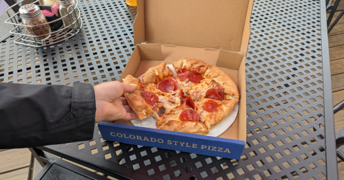 A close-up shot of Beau Jo's pizza in Idaho Springs.