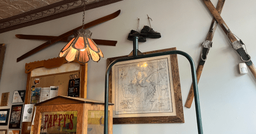 The fun ski-themed decor at Beau Jo's pizza