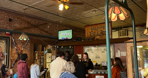 The long line waiting to order pizza at Beau Jo's in Idaho Springs