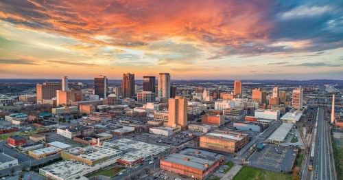 Sunset over aerial view of Birmingham, Alabama