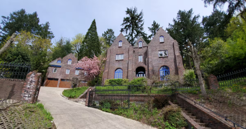 The exterior of a castle Airbnb in Portland.
