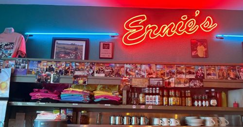 A retro diner with a sign that says “Ernie’s”