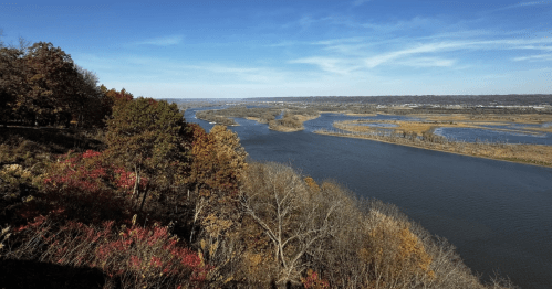 The trees along the Mississippi River have changed to beautiful reds and yellows.