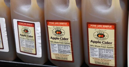 A close up of bottles of apple cider from Fifer Orchards.
