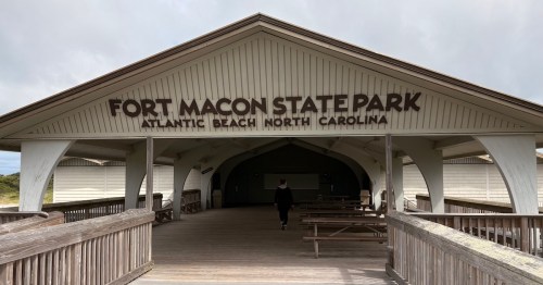 View of beach pavilion that reads "Fort Macon State Park"
