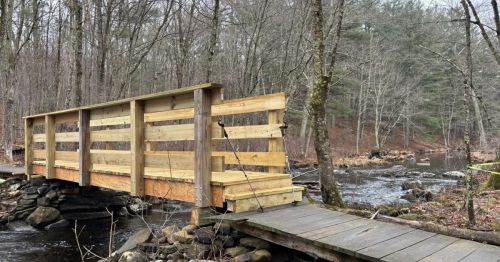 A wooden bridge over a river in a forest.