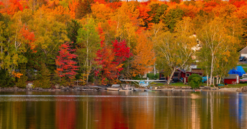 A seaplane on a calm lake with a vibrant backdrop of fall foliage in shades of red, orange, and yellow.