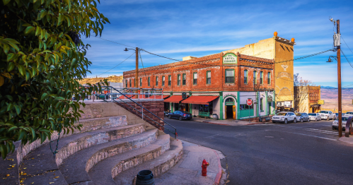 Hotel Connor on Main Street in Jerome, Arizona with red brick exterior.