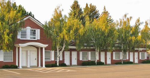 Exterior of a retro single-story brick motel exterior with white doors and trim, with trees lining the parking lot.