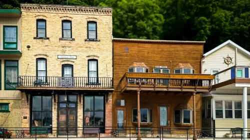 Old buildings line the historic main street of McGregor, Iowa