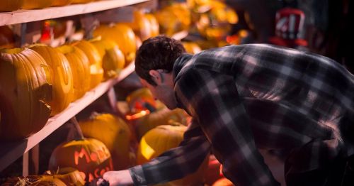 A man bending over to touch a jack-o-lantern.