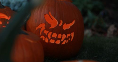 A Jack-O-Lantern making a scary face.