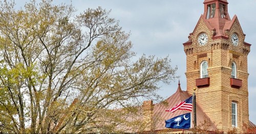 Downtown Newberry South Carolina with a tree and flags.