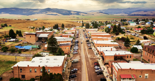 An aerial view of Philipsburg, Montana's main street.