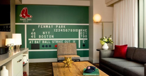 The inside of the Red Sox Suite at Hotel Commonwealth in Massachuestts