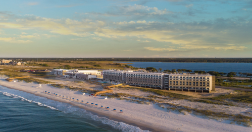 An aerial, exterior view of The Lodge at Gulf State Park