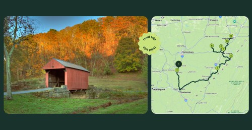 a graphic showing a map of a route to west virginia's covered bridges on one side and a small red covered bridge with fall foliage in the background on the other
