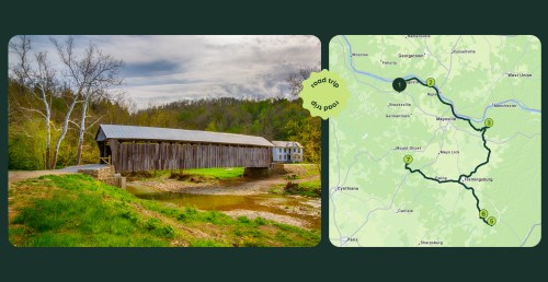 a graphic showing the historic cabin creek covered bridge on one side and the other a map with pins along a route exploring kentucky covered bridges
