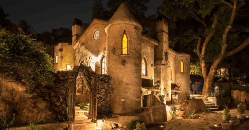 The exterior of a castle vacation rental near Los Angeles, California.