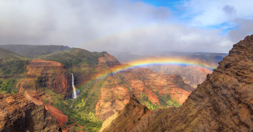Waimea Mountains with a rainbow and waterfall in the background.