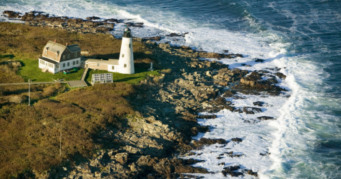 An aerial view of the Wood Island lighthouse near Biddeford Pool, Maine.