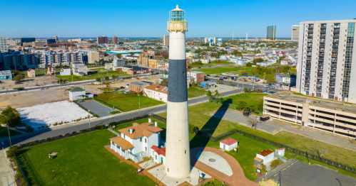 Absecon Lighthouse aerial view at the mouth of Absecon Inlet in the north end of Atlantic City, New Jersey NJ