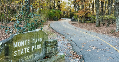 Winding pathway into state park with fall foliage lining the road and Monte Sano State Park written on a stone