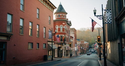 Main Street in downtown Staunton with historic brick buildings