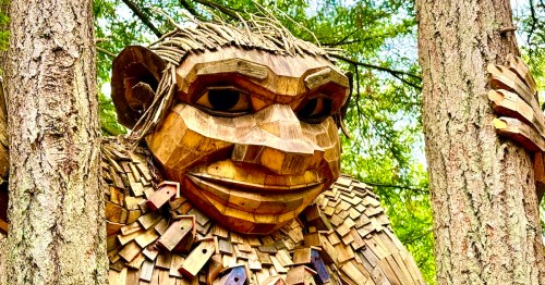 A wooden sculpture of a troll stands between two trees in Washington.