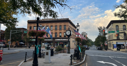 Historic downtown of Madison NJ with clock and brick building