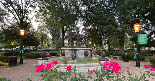 Historic green with pink flowers in Morristown, NJ