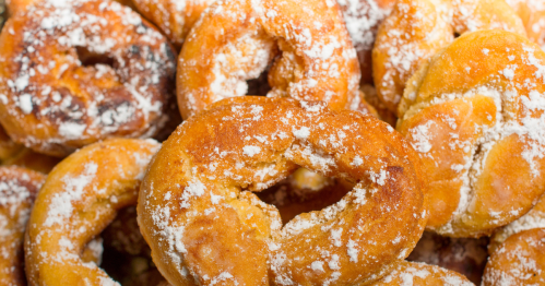 Close-up of pumpkin donuts with melted powdered sugar from Lindsey's Bakery in OH