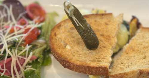 Closeup of a green and pink salad on the left side of a white platter with a sandwich topped with a green pickle on the right side.