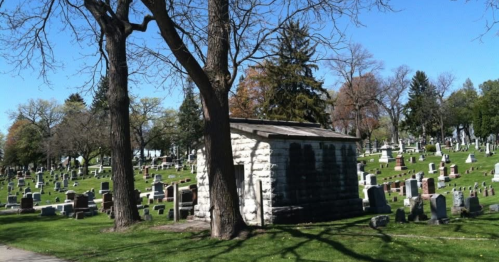 A graveyard full of cream colored grave stones at Ripon College