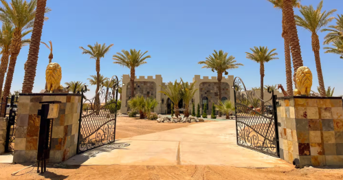through an ornate gate is a driveway leading up to a the sandcastle airbnb surrounded by palm trees in yuma arizona on a sunny day