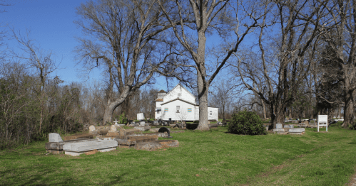 Graveyard with old tombs and caskets under large trees; a small, white wooden church is in the distance
