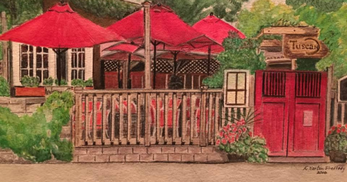 An illustration of a restaurant with a wooden deck, red umbrellas, and a sign that says "Tuscan Moon."